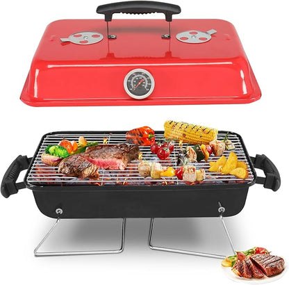 Small Charcoal Grill Portable Barbecue Grills with Thermometer, Compact Iron BBQ Grill for Garden Party Picnic Hiking Travel Backyard Cooking, Easy to Assemble, Asadores de Carbon, Black and Red