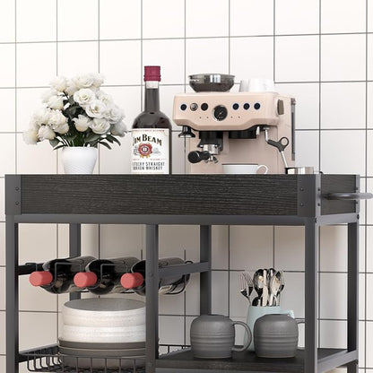 Bar Cart with Basket Wine Rack with Wheels Wood Metal Cart for Party | Basket