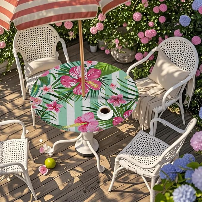 AUUXVA Round Outdoor Tablecloth with Umbrella Hole - Waterproof Patio Table Cover with Zipper Elastic Table Cloth Fits 45"-56" Tables for Party Cafe Garden Decor(Palm Leaf Flowers)