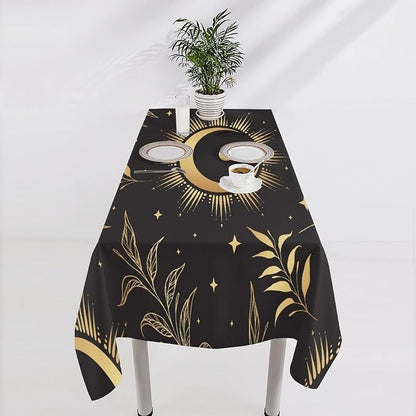 Sun Moon Tablecloth Vintage Boho Astrology Gold Celestial Star Galaxy Space Table Cloth Water Resistant Wipeable Table Cover for Picnic Party Holiday Kitchen Dinner Table 55"x55"