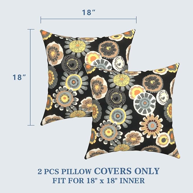 LVTXIII 2 Pack Outdoor Pillow Covers ONLY 18x18 Inch, Water-Repellent Square Decorative Cushion Covers for Patio Furniture, Garden, Sofa, Black Yellow Crosby