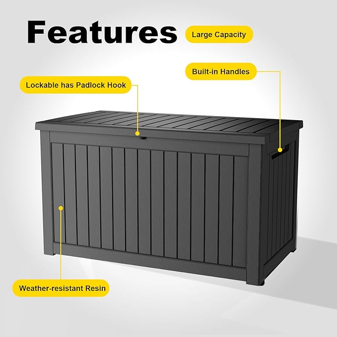 280 Gallon Large Outdoor Storage Box Waterproof, UV Resistant Resin Deck Box with Hydraulic Rod for Patio Furniture,Garden Tools,Cushions, Easy to Install（Black）