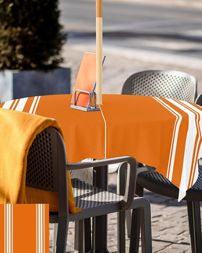 Queenker Fall Outdoor Tablecloth with Umbrella Hole, Farmhouse Orange White Stripe Square Tables Zippered Table Cloth Waterproof Tabletop Cover Collection for Patio, Garden, Picnic, Camping, Dining