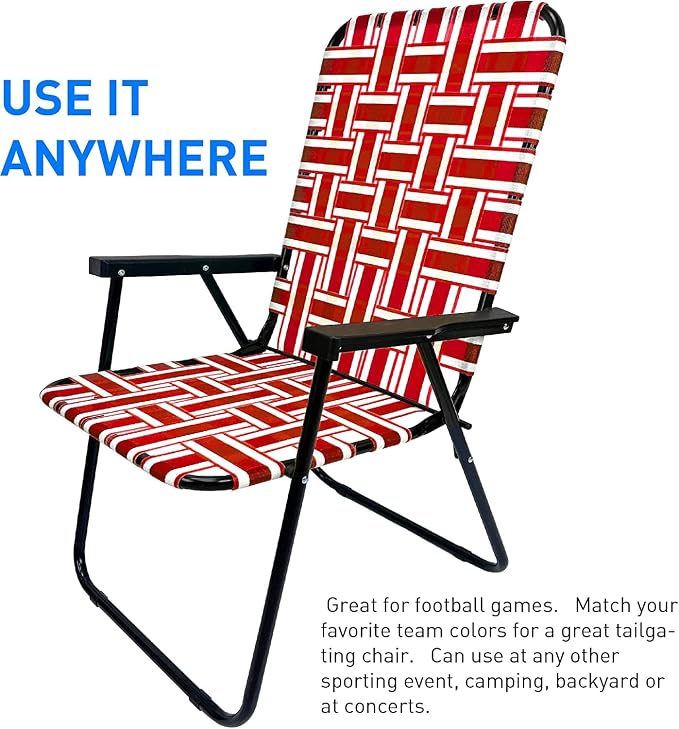 Lawn Chair Folding Steel Webbing Chaise Patio Lounger Seat Wood Handles Great for Camping, Beach, Fishing, Backyard, Stadium, Pool, Boating, Sports and Lawn 4 Pack Red