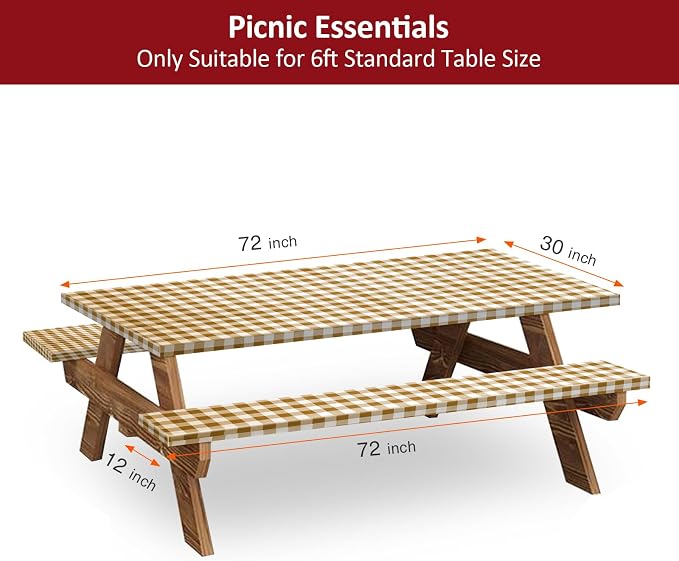 6ft 72in Picnic Table and Bench Cover, 3 Pack, Coffee Checkered | Drawstring Bag, Waterproof Windproof, Elastic Fitted Edges Tablecloth, for Rectangle Table & Seat, Camping Essentials RV Gear