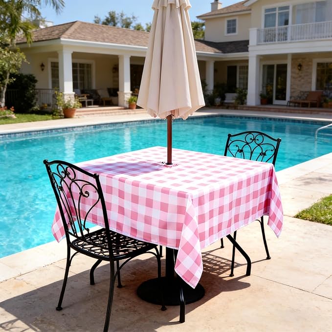 Poise3EHome Square Outdoor Tablecloth with Umbrella Hole and Zipper,Pink and White Gingham 60x60 Inch,SpillProof Washable Table Cloth for Spring Summer Patio Garden Poolside Picnic Camping BBQS