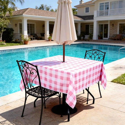 Poise3EHome Square Outdoor Tablecloth with Umbrella Hole and Zipper,Pink and White Gingham 60x60 Inch,SpillProof Washable Table Cloth for Spring Summer Patio Garden Poolside Picnic Camping BBQS