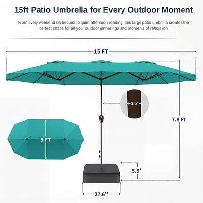 15FT Large Patio Umbrella with Base, Double Sided Rectangular Outdoor Umbrella with Sturdy Fiberglass Ribs, UPF 50+ Sun Protection, Wind-Resistant, Waterproof Fade-Resistant Fabric for Pool, Garden, Backyard, Deck(Peacock Blue)