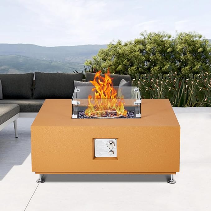36 Inch Outdoor Propane Fire Pit Table, 50000BTU Steel Gas Firepit with Wind Guard, Add Warmth and Ambience to Parties On Outside Patio Deck Garden, Safety Certified Glass Beads & Rain Cover