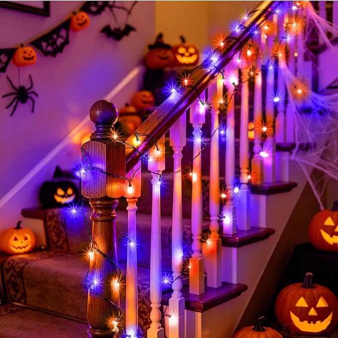 KNONEW Purple and Orange Halloween Lights 60FT 180 LED Indoor Outdoor String Light with 8 Lighting Modes, Timer Memory Function Plug in for Halloween Party Home Garden Roof Decorations