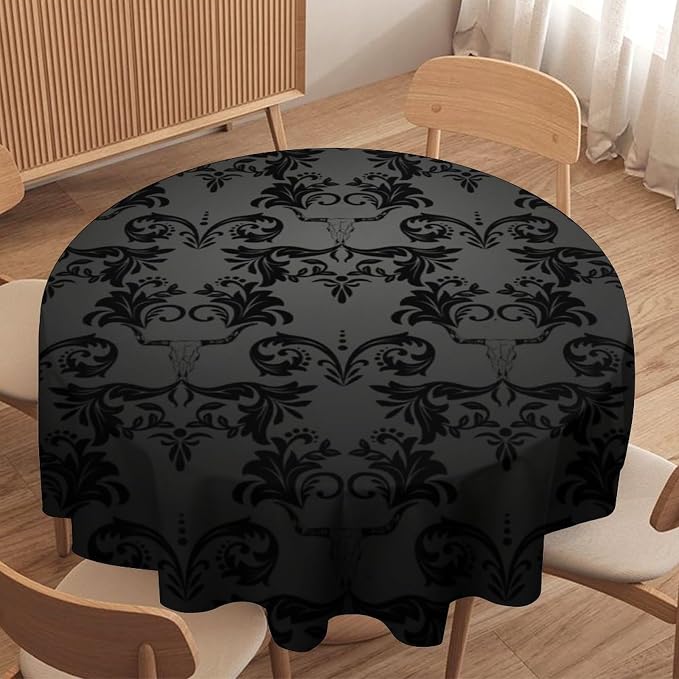 Gothic Black Damask Round Tablecloth, Vintage Floral Exotic Longhorn Skull Bull Bone Table Cloth Water Resistant Table Cover for Farmhouse Party Holiday Kitchen Dinner Table 70"