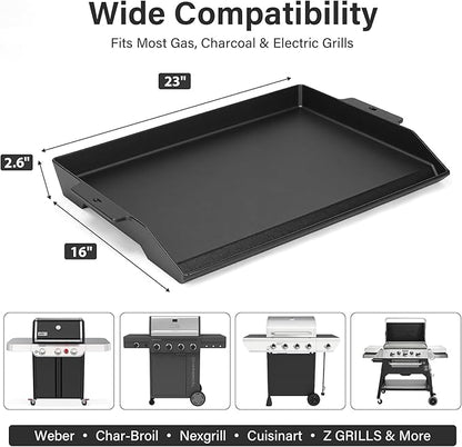 23"x16" Cast Iron Universal Griddle for Gas Grill - 23.5lb Heavy Duty - Pre-Seasoned Nonstick Surface, Reinforced Ridges & Extra High Sidewalls, Flat Top Plate for Gas/Charcoal