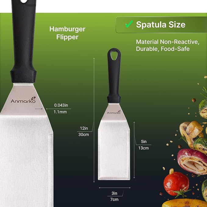 Anmarko Stainless Steel Metal Spatula, Hamburger Turner with Black Handle and S-Hook