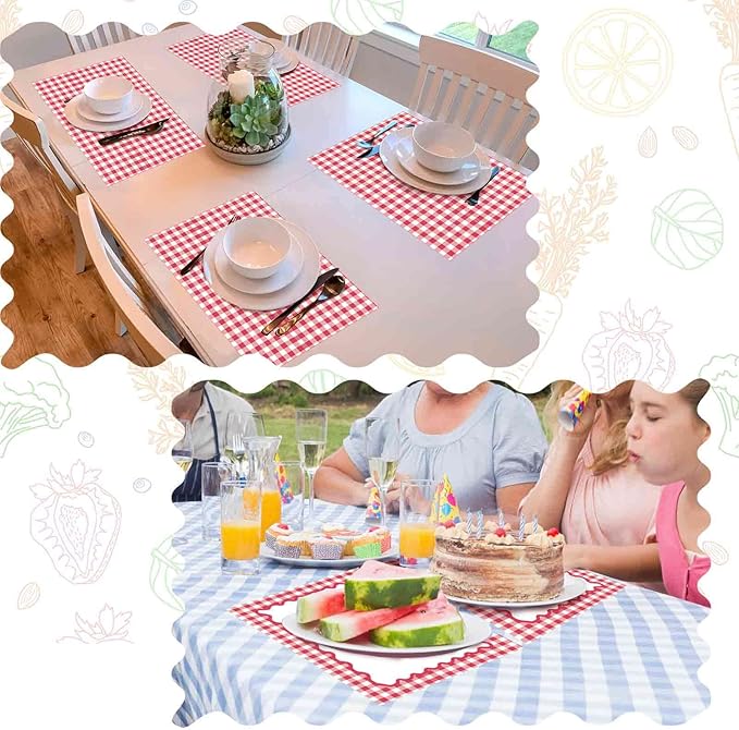 Eaasty 50 Pcs Disposable Red Gingham Paper Placemats Summer Checkered Picnic BBQ Paper Table Place Mat Double Sided for Baby Showers Wedding Birthday Tea Parties Dinner Table Decorations