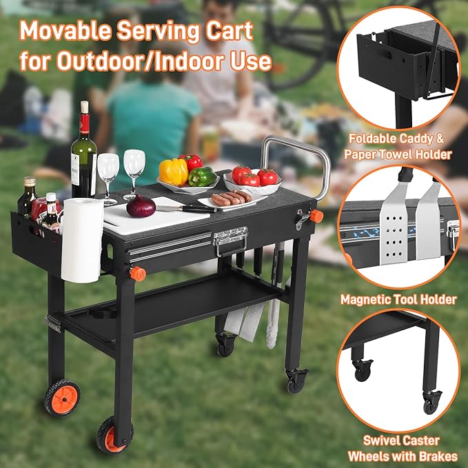 Portable Outdoor Grill Table, Folding Grill Cart Solid and Sturdy, Blackstone Griddle Stand Large Space, Blackstone Table with Paper Towel Holder, Grill Stand for Blackstones Griddle Ninja/Weber Grill