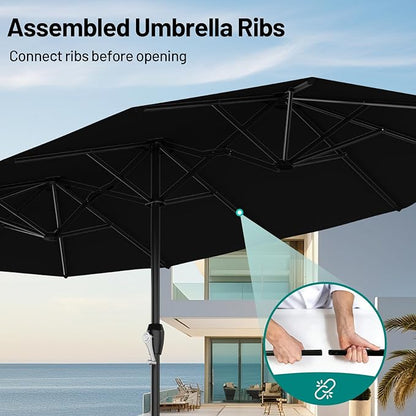 AreShark 15ft Patio Umbrella with Base, Double Sided Outdoor Umbrella with 12 Fiberglass Ribs, Large Outdoor Umbrella for Garden, Pool, Deck, Backyard & Market, Black