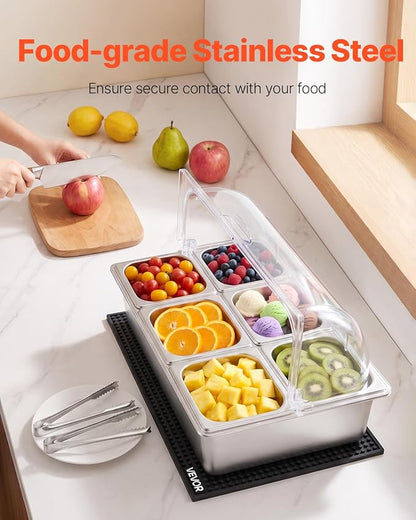VEVOR Countertop Food Serving Display Container, Stainless Steel Food Salad Server Tray, Buffet Condiment Dispenser, Ice Cooled Rack with Clear Roll Top Cover, for Restaurant Hotel (6x1/6 Pan x2)