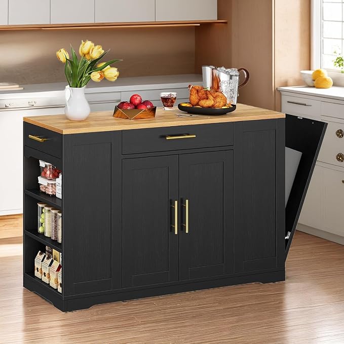 YITAHOME 53 Inch Movable Kitchen Island with Trash Can Storage Cabinet | Portable Mobile Islands with Wheels for 13 Gallon Garbage Bin, Black
