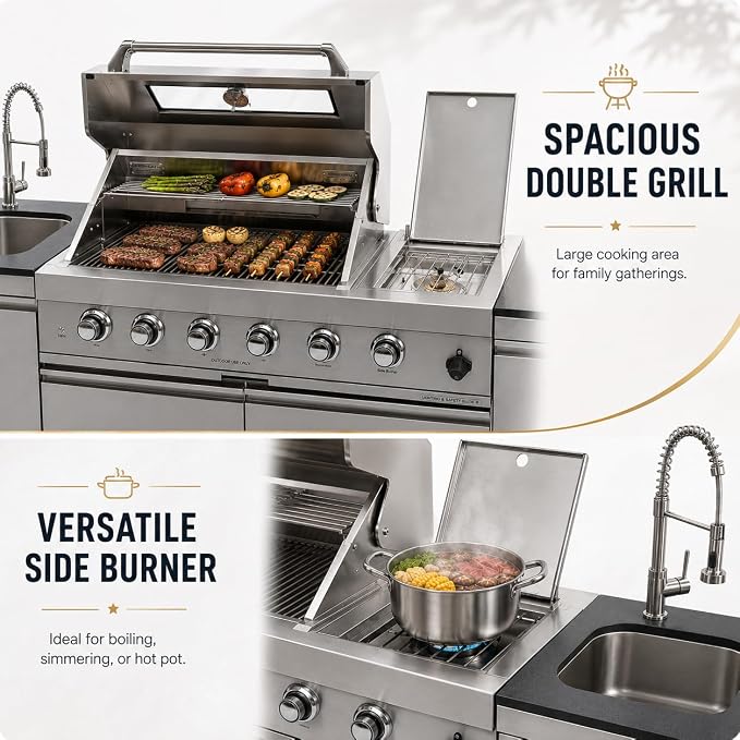 98" Outdoor Kitchen Island with 6-Burner Propane Grill, 72,000 BTU Stainless Steel BBQ Station with Refrigerator, Sink, Side & Rear Burners, Rotisserie, Granite Countertop and Storage, Silver