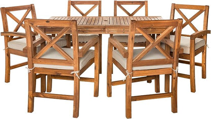 Walker Edison Delray Classic 7 Piece Acacia Wood Outdoor Dining Set with X Back Chairs, Set of 7, Brown