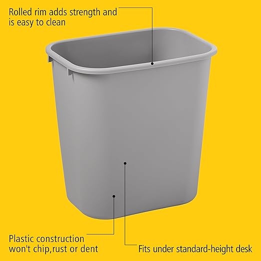 Rubbermaid Commercial Products Resin Wastebasket/Trash Can, 7-Gallon/28-Quart, Gray, Plastic, for Bedroom/Bathroom/Office, Fits Under Desk/Sink/Cabinet