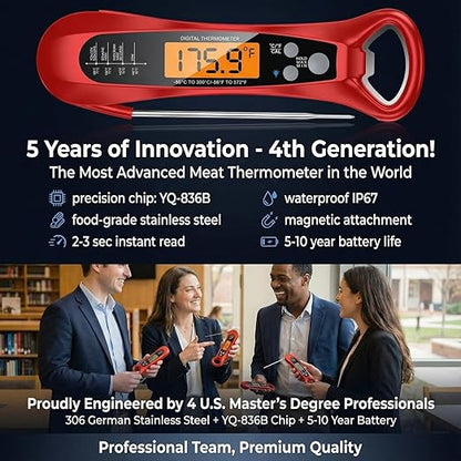 Therm Pro® Chef Meat Thermometer Digital, 1 Sec Instant Read, NIST® Certified Accurate to ±0.5℉, Ultra Bright LED Screen, 100% Waterproof, Auto-Rotate, for courtyard BBQ, Turkey, Candy, Liquids, bread
