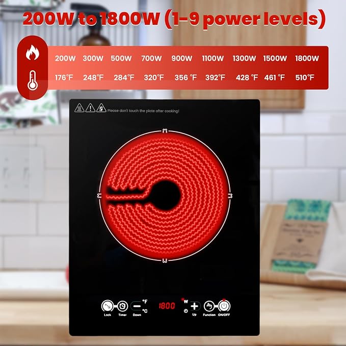 Electric Cooktop 110V, Single Burner Plug in Portable Induction Cooktop, Countertop Ceramic Stove Top with Power Levels and Overheat Protection, Child Safety Lock, Timer, 1800W