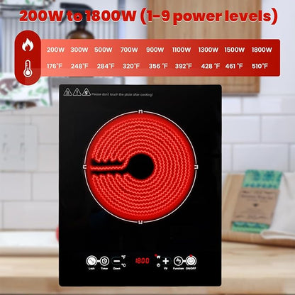 Electric Cooktop 110V, Single Burner Plug in Portable Induction Cooktop, Countertop Ceramic Stove Top with Power Levels and Overheat Protection, Child Safety Lock, Timer, 1800W