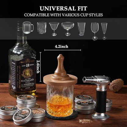 Whiskey Smoker Kit with Torch - 6 Flavors Wood Chips, 2 Glasses, Cocktail Smoker Infuser Kit, Old Fashioned Drink Smoker Kit, Birthday Valentine's Day Bourbon Whiskey Gifts for Men, Dad(No Butane)