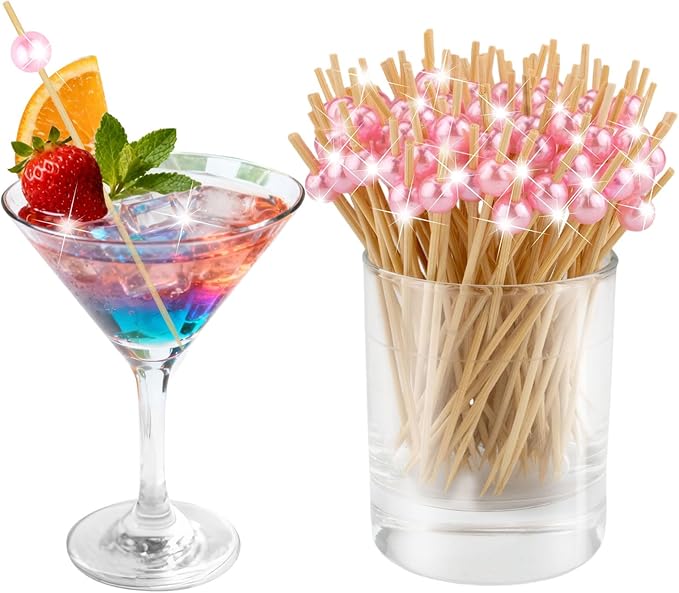 100 Pcs Cocktail Picks, Decorative Pink Pearl Toothpicks, for Holiday Valentines Day Theme Party Wooden Long Sticks Appetizers Fruits Drink Garnish Decorations Party Supplies (4.7 Inch)