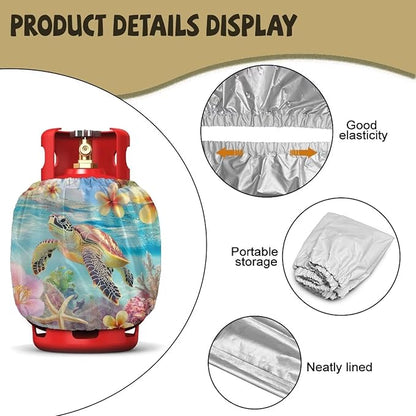 Propane Tank Covers 20lb Sea Turtle Flower Outdoor Heavy Duty Waterproof Windproof Gas Tank Cylinder Cover with Elastic Brand, Dress up Your Gas Grill,