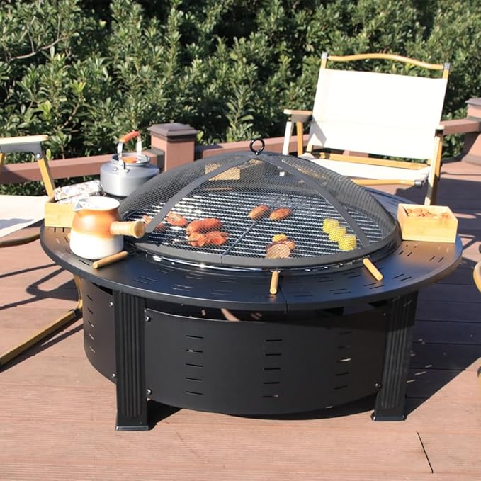 4-in-1 Outdoor Dining Table, Portable Round Stove, Heavy-Duty Round Barbecue Stove with Spark Cover and Log Poker & PVC Cover, Table Smokeless Charcoal Rack, Cooking Tea, Full Set of Heating Brazier