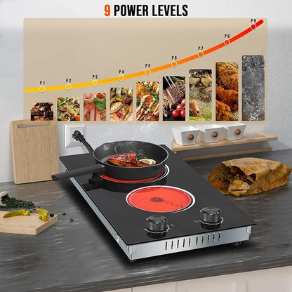 2 Burner Electric Cooktop 110V, 12 Inch Electric Cook Top Plug in, 2000W Electrics Stove with Knob Control, Countertop & Built-in Ceramic Stovetop, 9 Heating Level, Residual Heat Indicator