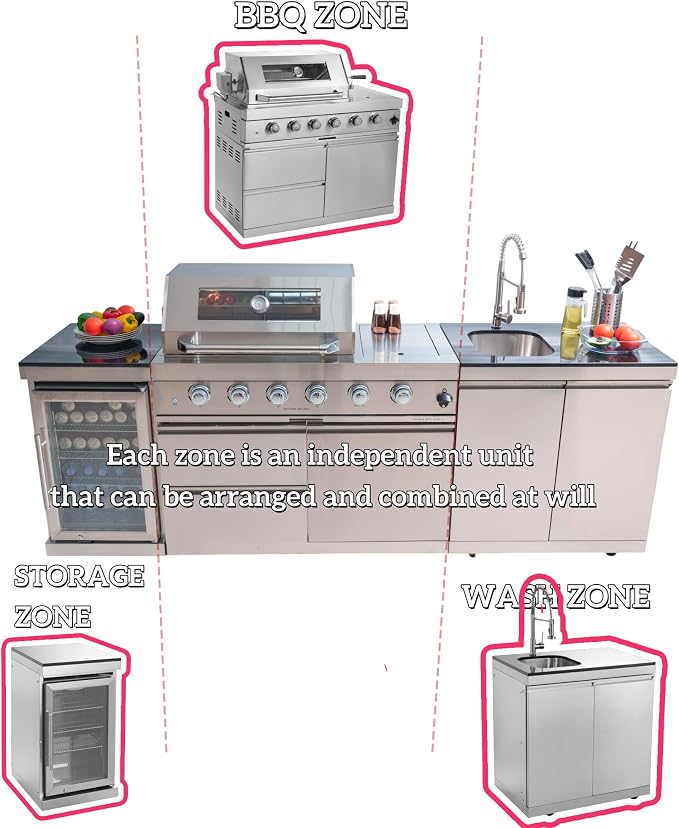 Outdoor Grill Islands 98.4" 4-Burner: 72000 BTU Outdoor bbq Island with Refrigerator Rotisserie kit Stainless steel Sink and Storage | Easy Setup