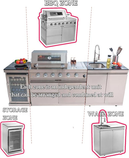 Outdoor Grill Islands 98.4" 4-Burner: 72000 BTU Outdoor bbq Island with Refrigerator Rotisserie kit Stainless steel Sink and Storage | Easy Setup