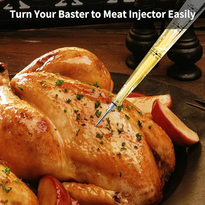DIMESHY Turkey Baster Food Grade for Cooking & Basting, Detachable Round Bulb, Baster Cooking Good for Meat Poultry Beef Chicken, with Cleaning brush, inject needle, Basting brush(red)
