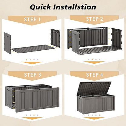 Fancyango 150 Gallon Outdoor Deck Box Waterproof, Large Storage Box for Patio, Resin Storage Bench Lockable for Garden Tools, Package Delivery, Grey