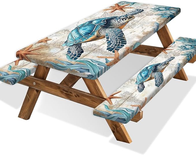 Picnic Table Cover with Bench Covers 6FT Camping Essentials Beach Sea Turtle Ocean Fitted Camping Tablecloth Windproof Waterproof Oilproof with Elastic Edge for Indoor Outdoor 3PCS 30x96 Inch