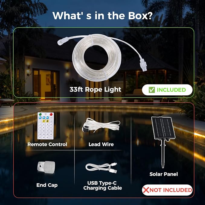 Connectable Solar Rope Lights Outdoor Accessory Extend Part, Only 33FT 100 LEDs String Lights Segment