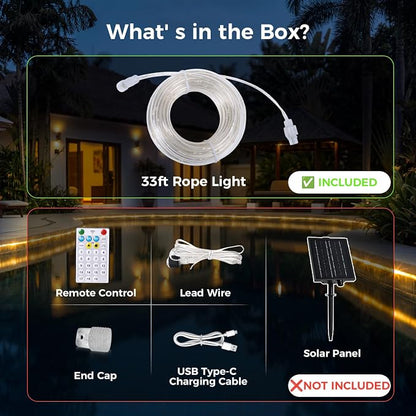 Connectable Solar Rope Lights Outdoor Accessory Extend Part, Only 33FT 100 LEDs String Lights Segment