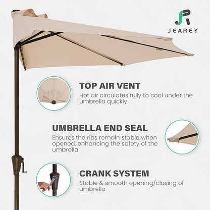 JEAREY 9ft Half Umbrella Outdoor Patio Umbrella Market Umbrellas with Crank, 1/2 Round Wall Umbrella 5 Sturdy Ribs UV Protection for Pool Garden Balcony Deck, Beige