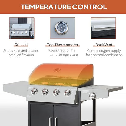 Outsunny 4 Burner Propane Gas Grill with Side Burner, 48,000 BTU Steel Outdoor Barbecue Grill with Cabinet, Shelf, Warming Rack, Thermometer, Wheels, Silver