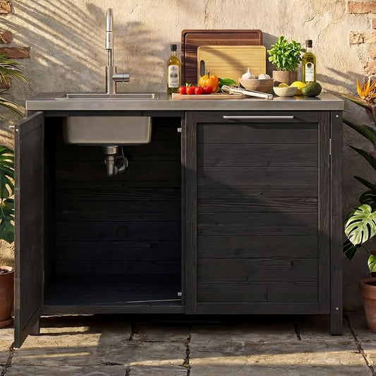 MOUMON Patio Kitchen Sink Cabinet with Stainless Steel Countertop, Patio Prep Table with Trash Bin Compartment, Outdoor Cooking Station, Sink not Included, Dark Grey 51.2”W x 23.6”D x 37.4”H