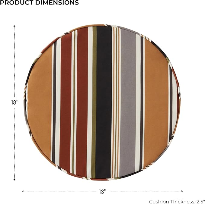 Set of 2 Outdoor 18 inch Round Patio Dining Chair Pads – Comfortable Fiber-Filled Seat Cushions with Ties, Reversible Polyester Fabric - Brick Stripe