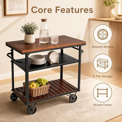 Rolling Bar Cart with Handle [3 Tier] Home Kitchen Microwave Cart Island On Wheels, Mobile Serving Cart Beverage Cart, Coffee Station (Metal/Wood, Industrial Black/Rustic Brown)