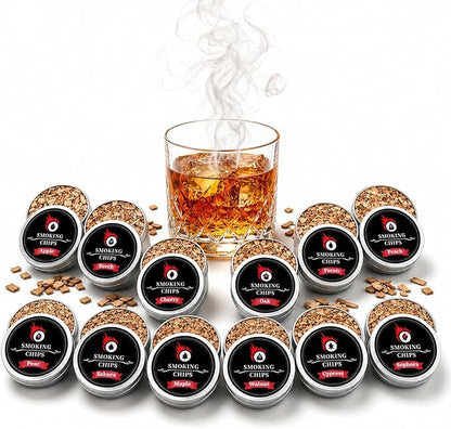 Cocktail Smoker Wood Chips, 12 Flavors Natural Wood Chips for Cocktail Smoker Kit, 12 x 1oz Premium Whiskey Smoking Chips for Bourbon, Old Fashioned, BBQ & Grilling