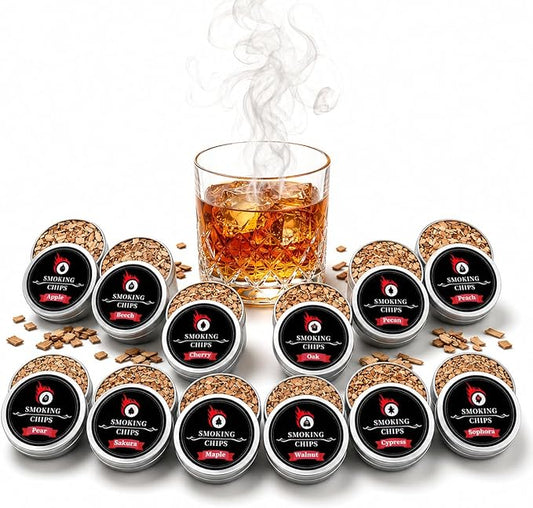 Cocktail Smoker Wood Chips, 12 Flavors Natural Wood Chips for Cocktail Smoker Kit, 12 x 1oz Premium Whiskey Smoking Chips for Bourbon, Old Fashioned, BBQ & Grilling