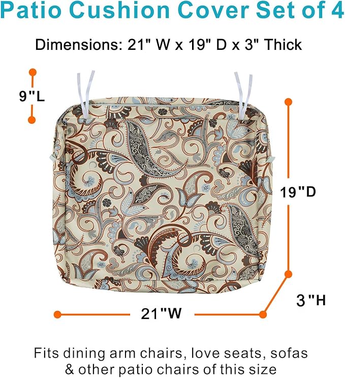 NettyPro Patio Chair Seat Cushion Covers Set 4, Waterproof Outdoor Furniture Cushion Slipcovers with Zipper and Tie, 21 x 19 x 3 Inch, Replacement Cover Only, Vintage