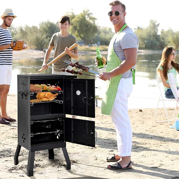 DORTALA Vertical Charcoal Smoker, Outdoors Charcoal Barbeque, Smoked Carbon Oven, Iron Structure, w/Two Chrome-plated Nets, Two Charcoal Pots, Suitable for Lawn Picnic, Backyard BBQ (Black)