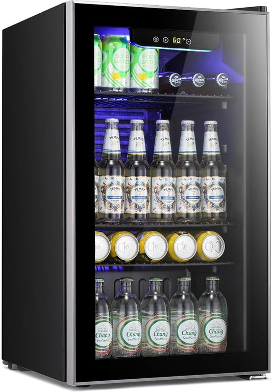 Antarctic Star mini fridge -130 can beverage refrigerator cooler glass door for soda beer or wine, small drink dispenser for home, office bar 3.2cu.ft